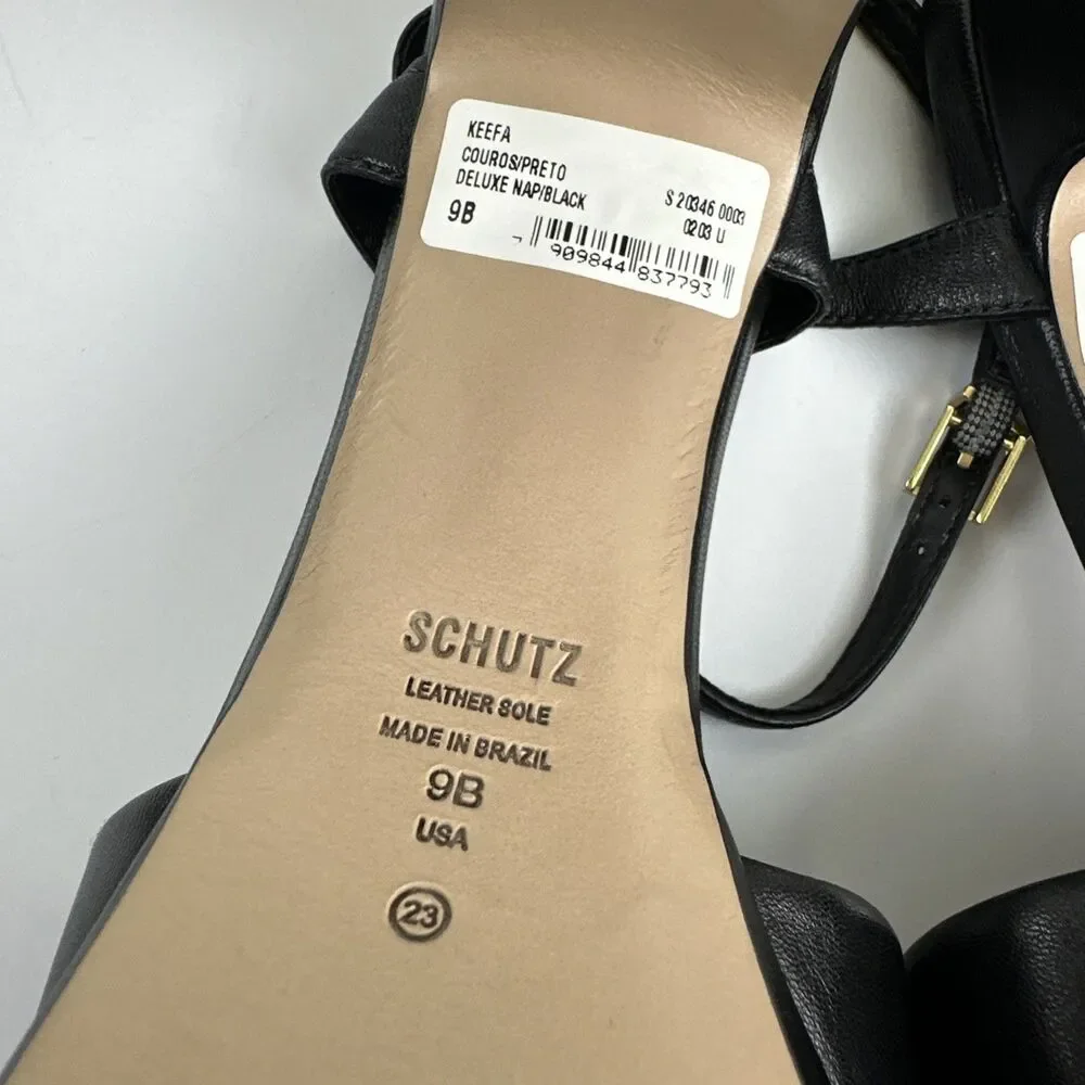 SCHUTZ Keffa Heel Sandal Black Leather Strappy Ankle Buckle High Block Heel 9